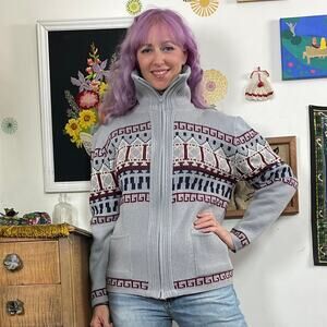 Vintage Grandpa Cardigan, 1970s Gray Zip Front Turtleneck Sweater Sz L